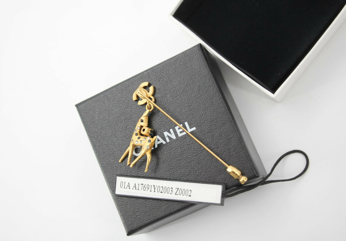 Chanel Vintage 01A Rhinestone Gold Plated Deer Brooch