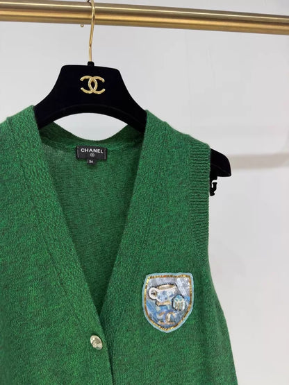 Chanel 24A Double C Badge Green Cashmere Vest