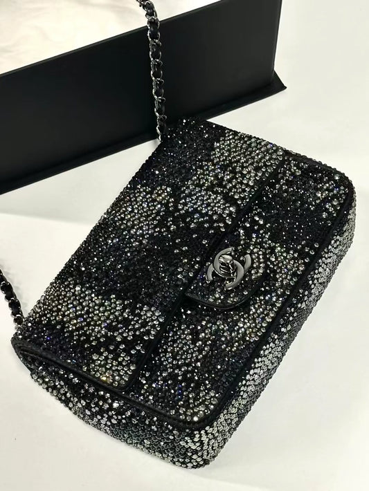 Chanel 22C black & silver full rhinestones Mini CF Shoulder Bag