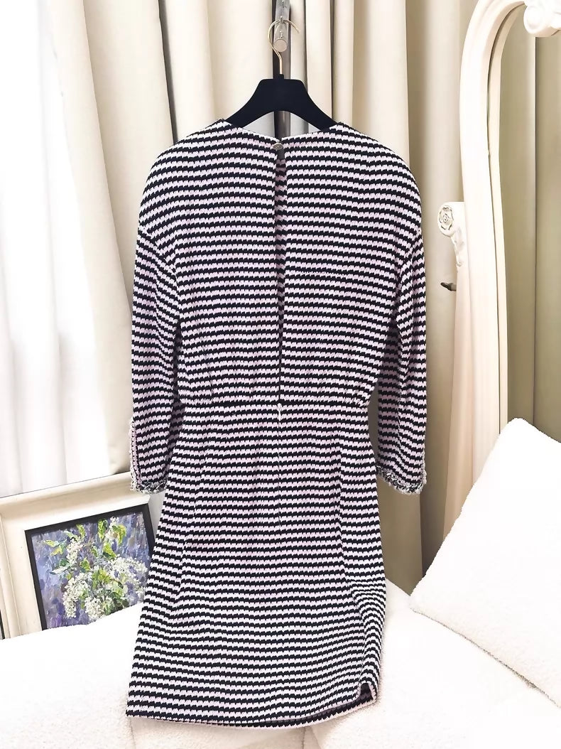 Chanel 21S pink and black striped leather-trimmed dress with chain