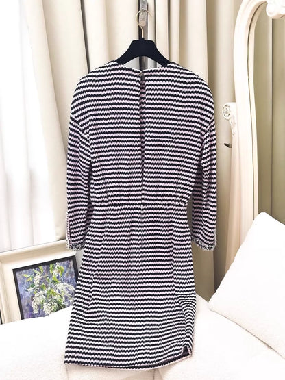 Chanel 21S pink and black striped leather-trimmed dress with chain