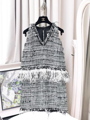 Chanel 2011 black and white tweed & feathers dress