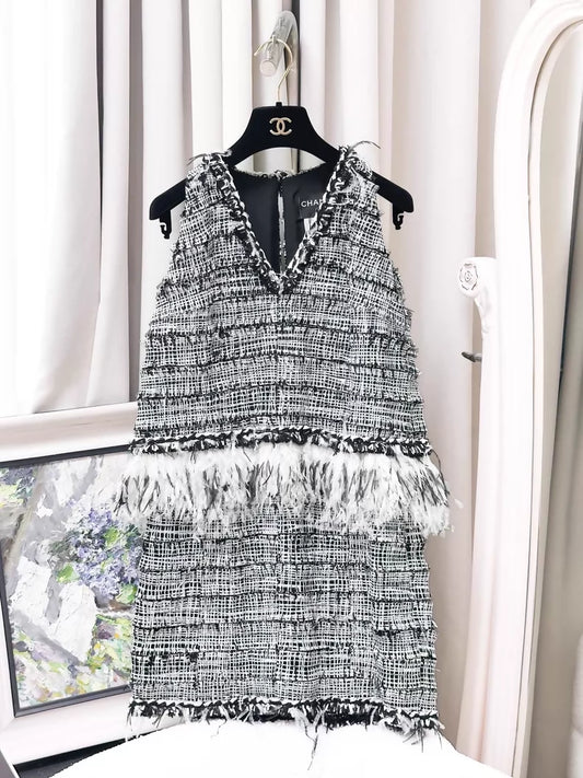 Chanel 2011 black and white tweed & feathers dress