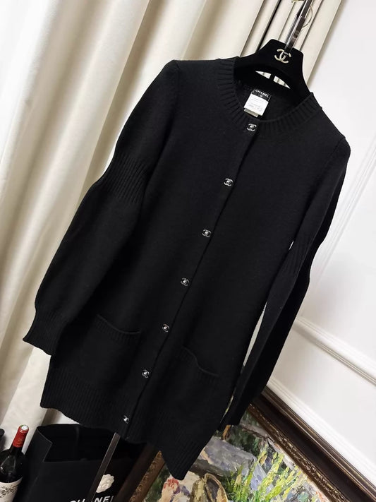 Chanel 13b black cashmere knit cardigan, with silver CC buttons
