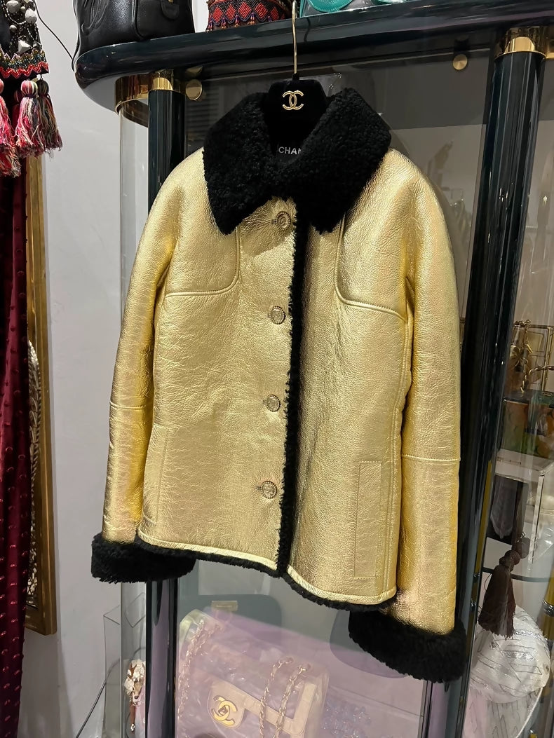 Chanel 22B Black and gold shearling coat