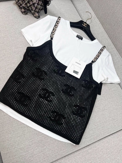 Chanel 22c black & white double C rhinestone chain top