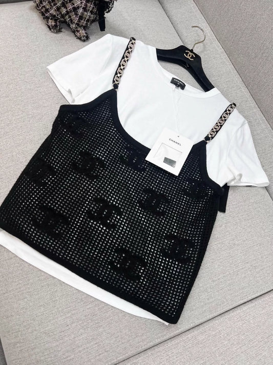 Chanel 22c black & white double C rhinestone chain top