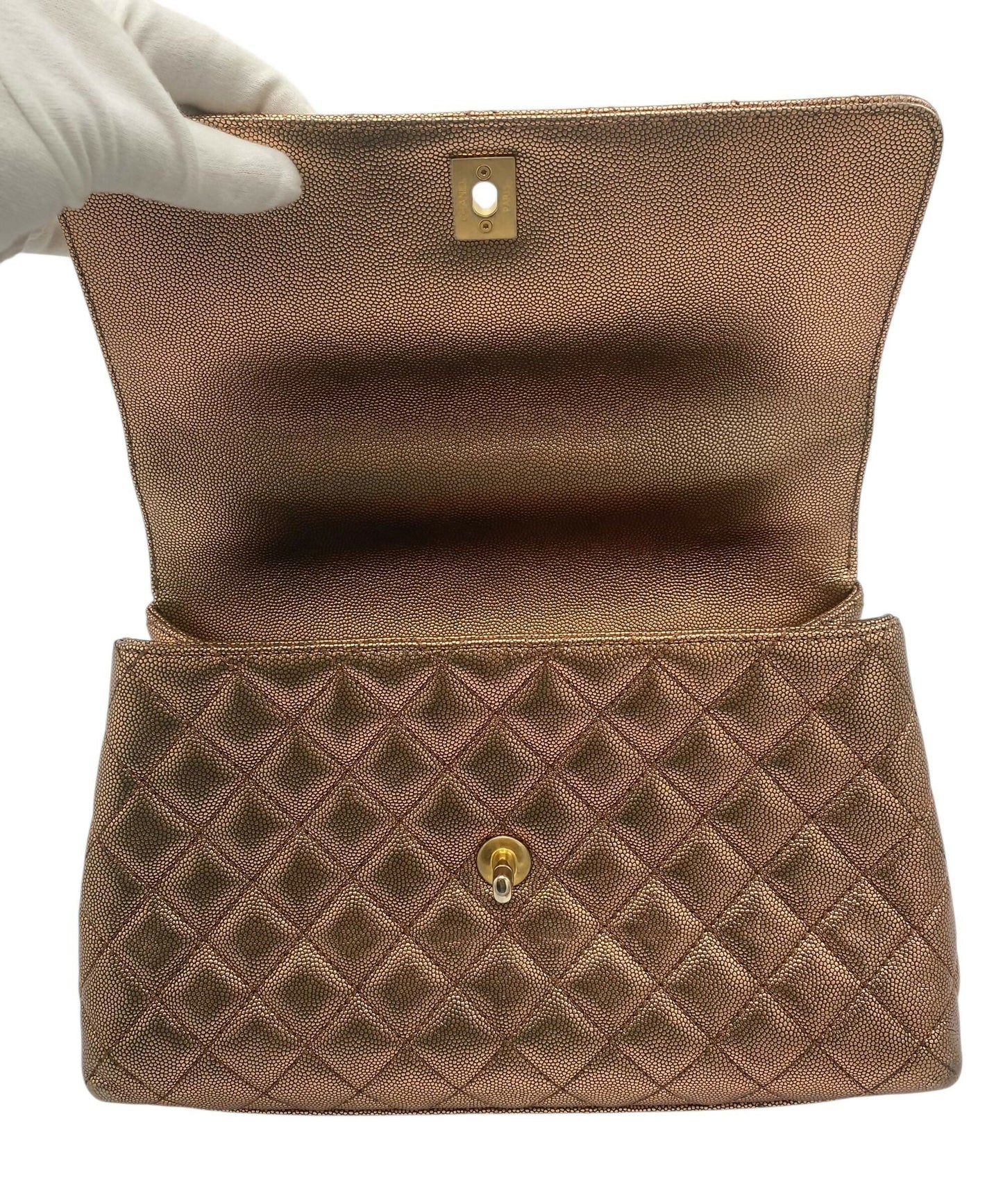 Chanel 19A Medium Metallic Rose Gold Copper Caviar Quilted Timeless Coco Handle Flap Bag
