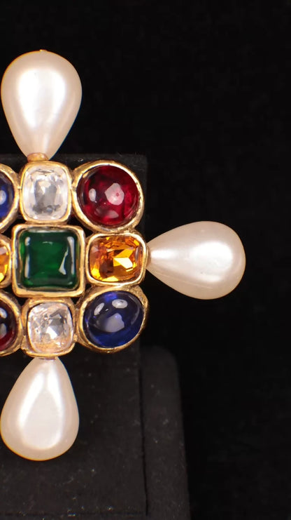 Chanel 1991 Red and Green Glass Rhinestone and Pearl Brooch