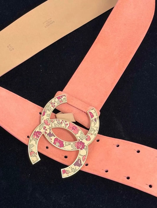 Chanel Pink Orange Suede Floral Belt