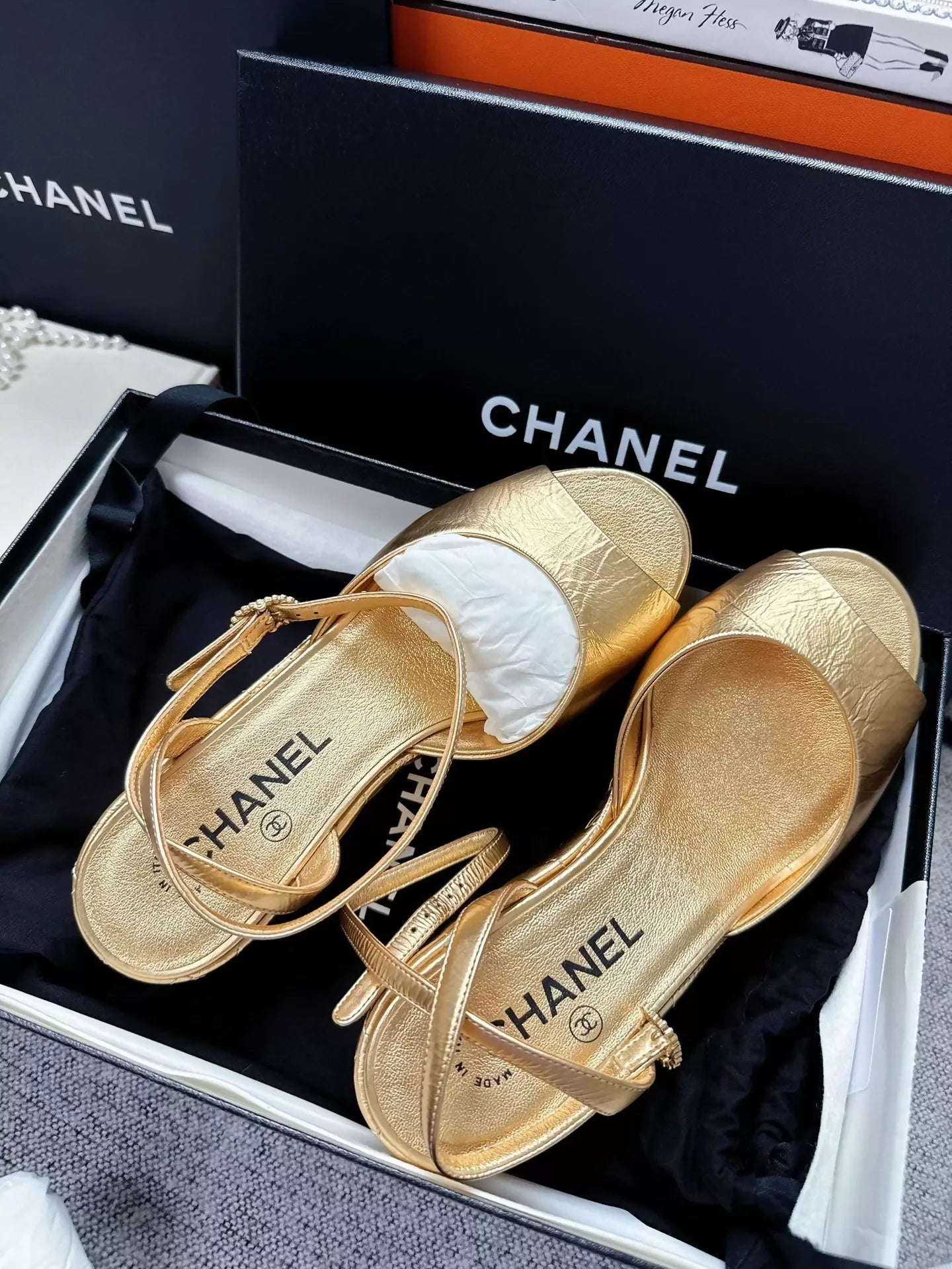 Chanel 25A gold-tone Mary Jane sandals with diamond pattern