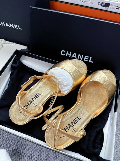 Chanel 25A gold-tone Mary Jane sandals with diamond pattern
