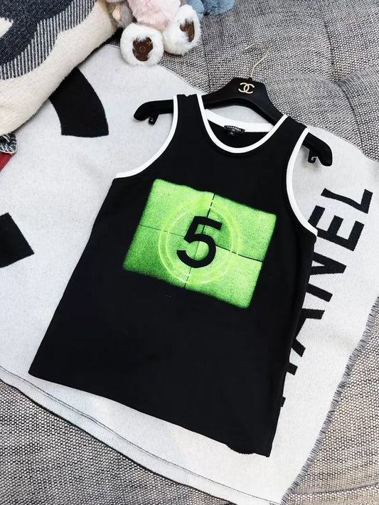 Chanel 21S black top with fluorescent green number 5