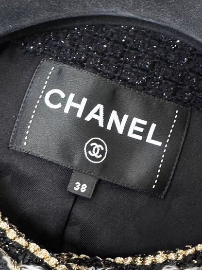 Chanel 25K Black tweed coat with Silver gold details