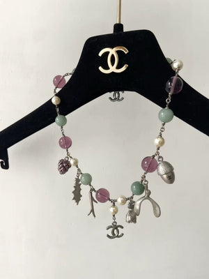 Chanel purple and green glass beaded bunny and pine cone necklace