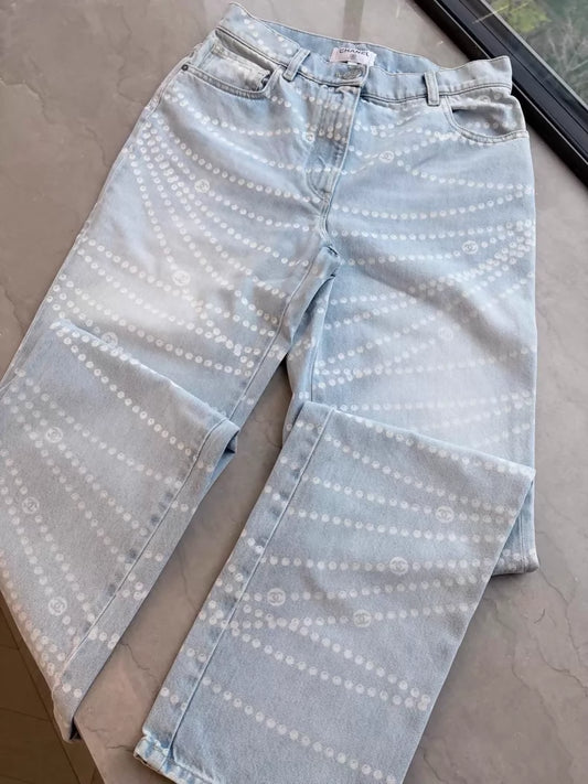 Chanel 25p light blue pearl straight leg trousers