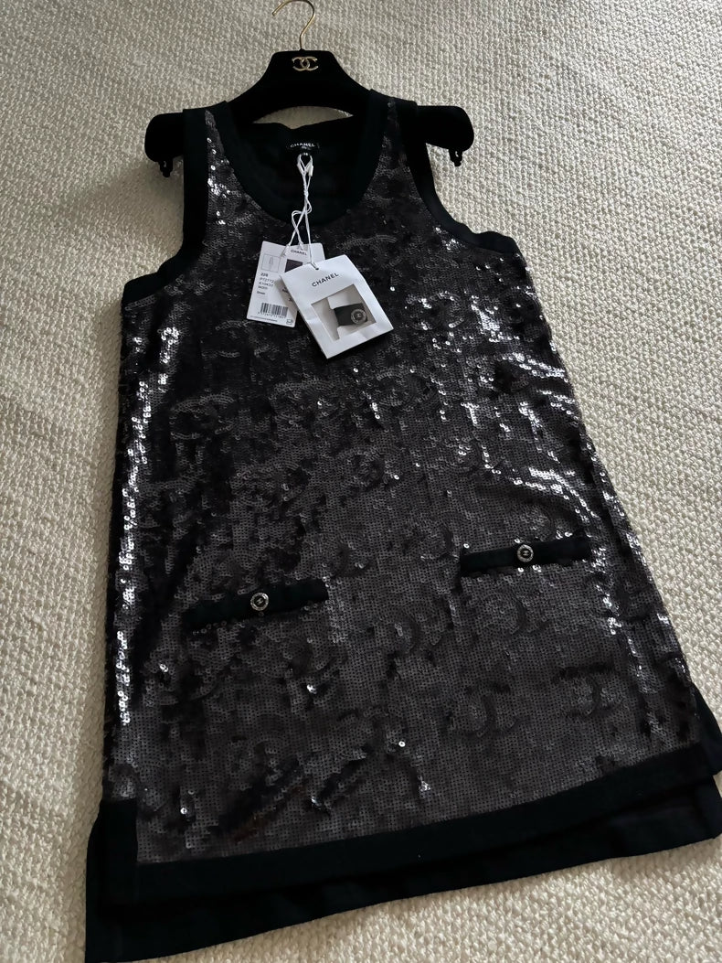 Chanel 22S Black All-over Logo Sequin Dress