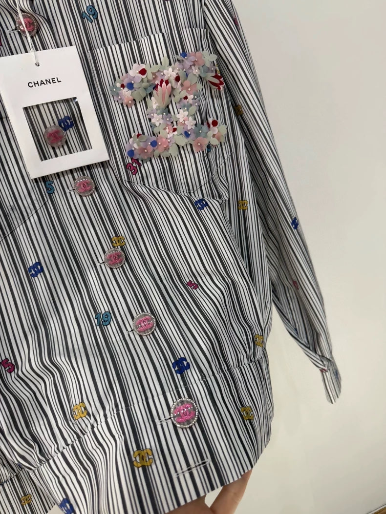Chanel 23C Embroidery Striped Double C Floral Shirt Jacket