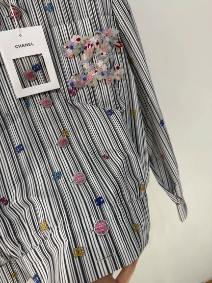 Chanel 23C Embroidery Striped Double C Floral Shirt Jacket