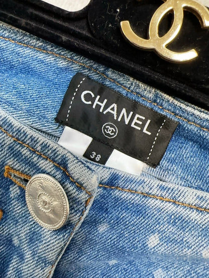 Chanel 23P light blue straight-leg jeans, all-over double C polka dot print
