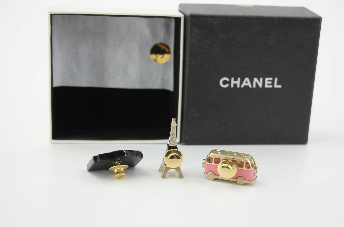 Chanel 06C Metal Pink Bus Eiffel Tower and Pink Bag Trio Brooch Set