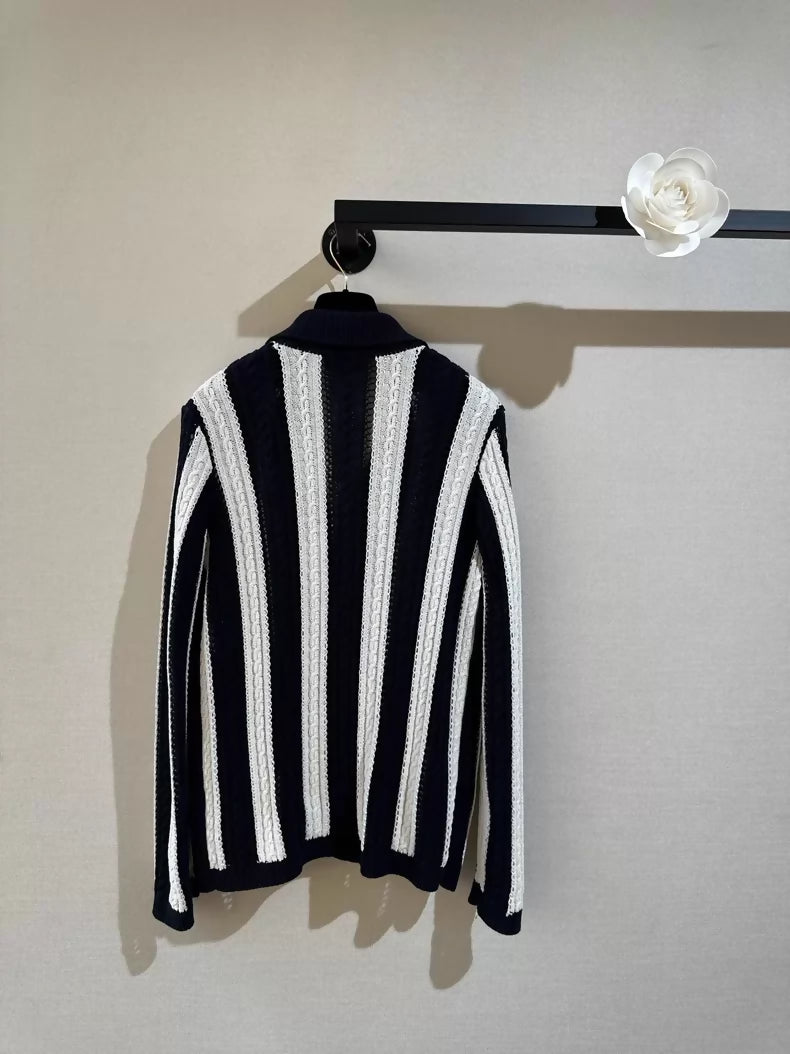 Chanel 23p blue and white striped knit cardigan