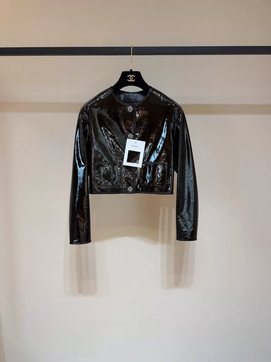 Chanel 23K Black Patent Leather Camellia Button Short Jacket