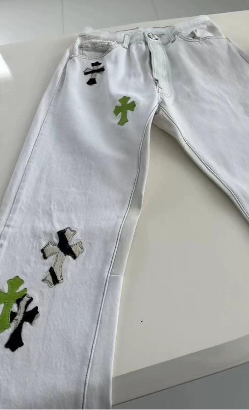 Chrome Hearts white green zebra cross pants
