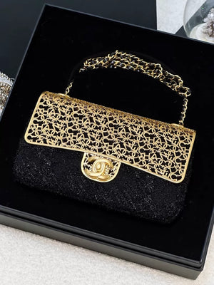 Chanel 22K black and gold metallic tweed CF chain evening bag