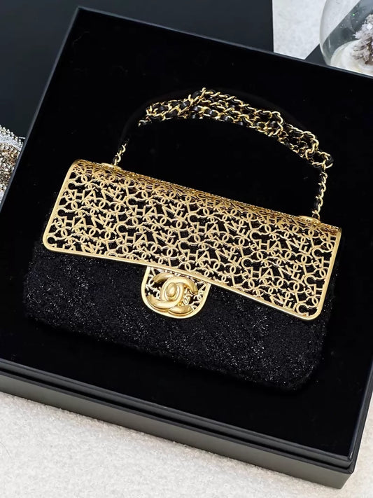 Chanel 22K black and gold metallic tweed CF chain evening bag