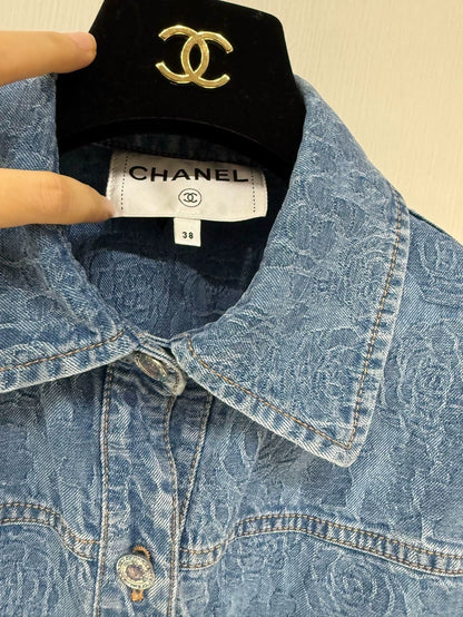 Chanel 23P Camellia Double C Rhinestone Button Denim Vest