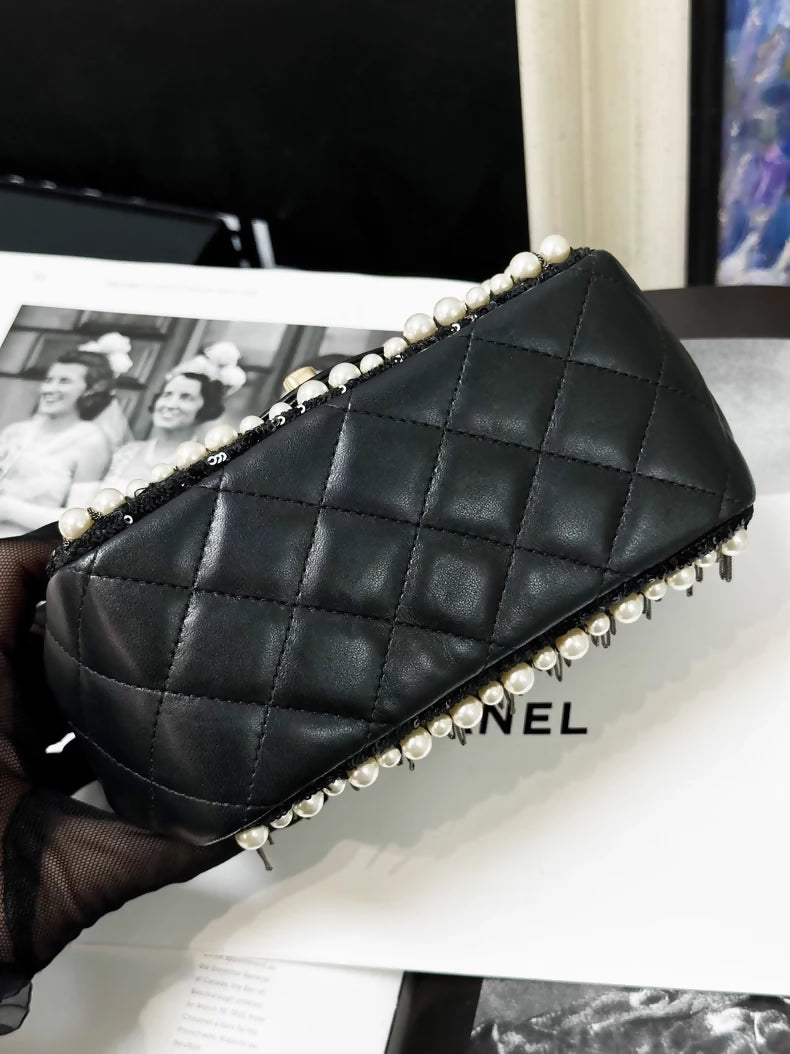 Chanel 20B black and gold pearl chain square crossbody bag