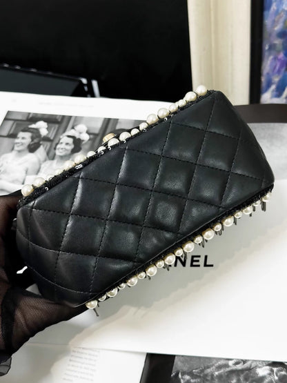 Chanel 20B black and gold pearl chain square crossbody bag