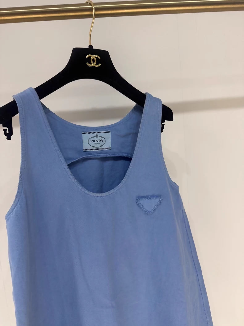 Prada distressed washed blue denim dress with triangle logo