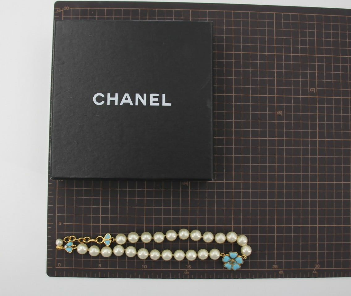 Chanel 97P Blue Gripoix Camellias Pearls Necklace