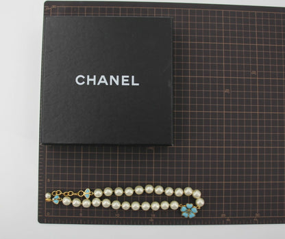 Chanel 97P Blue Gripoix Camellias Pearls Necklace