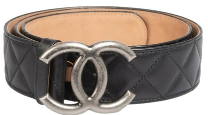 Chanel 10A Black Quilted Lambskin Ruthenium Silver CC Logo Belt 90/36