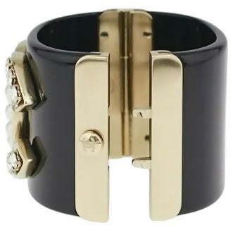 Chanel Iconic 14B Crystal & Pearl CC Wide Black Cuff Bracelet GHW