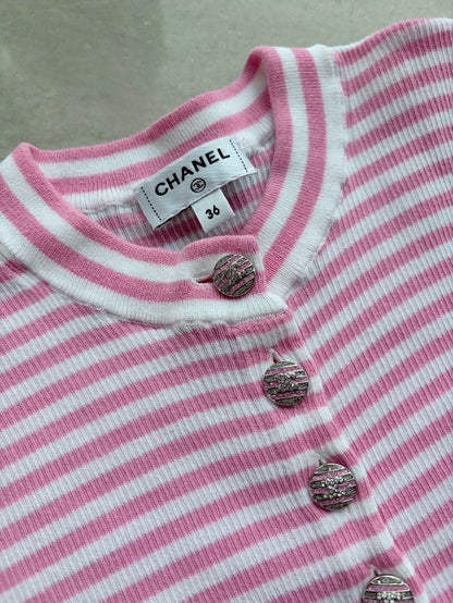Chanel 24C Pink and White Striped T-Shirt