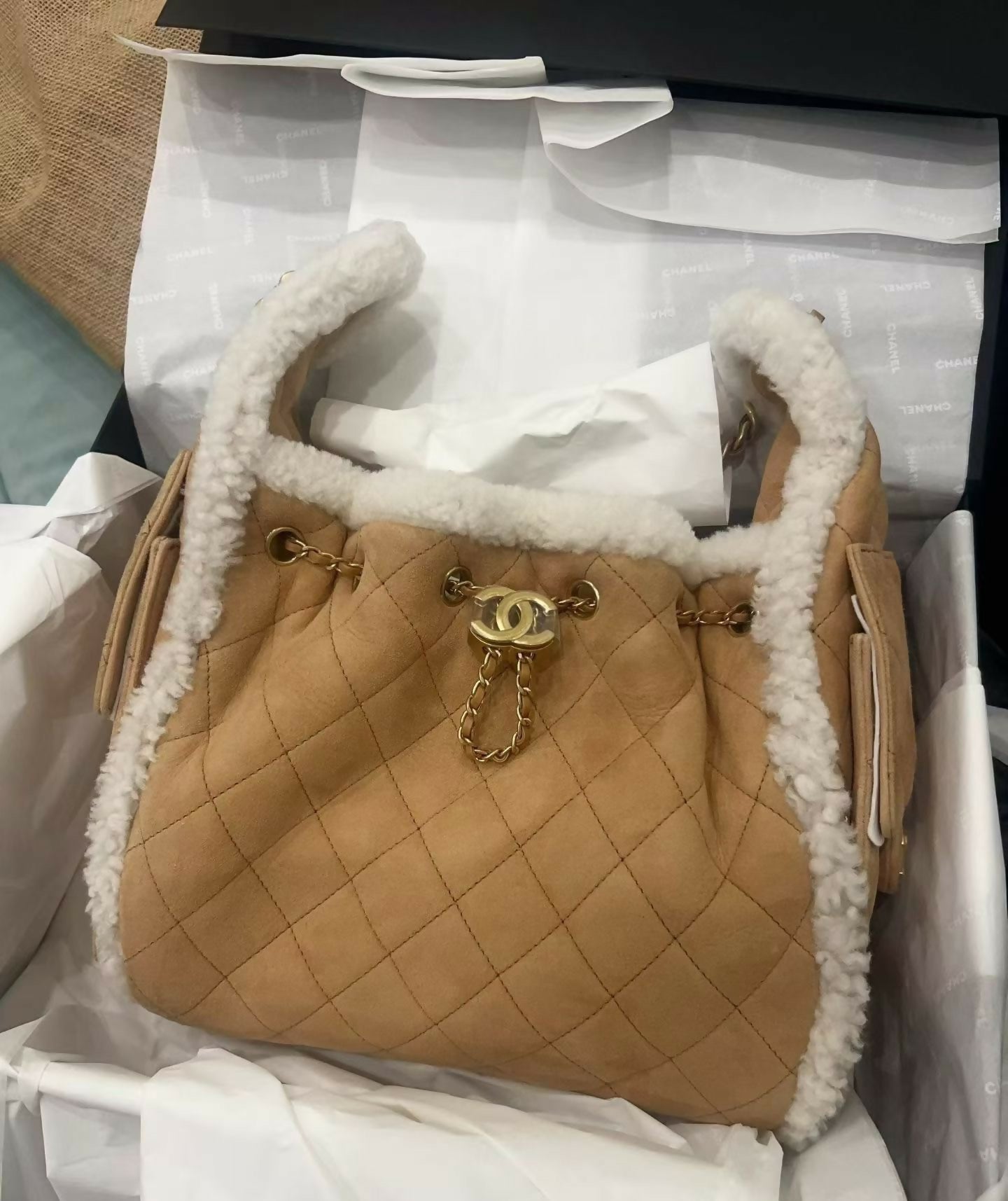 CHANEL 25K Crumpled Shearling Sheepskin & Gold-Tone Metal Camel & White Small Handbag