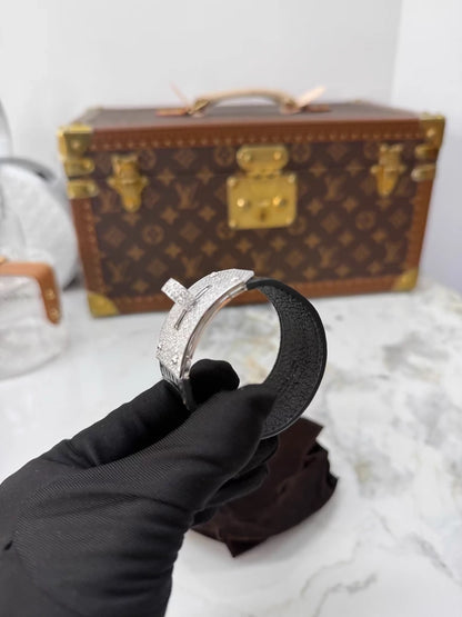 Hermes black shiny alligator leather diamond-hardware bracelet