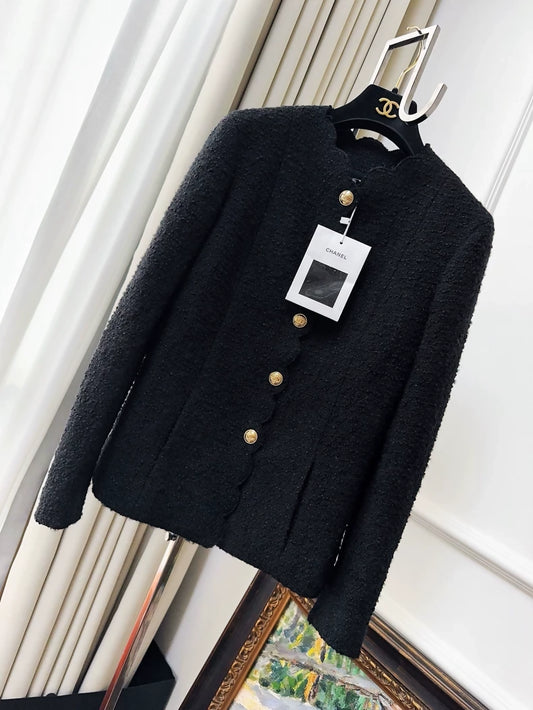 Chanel 20k Black Tweed Jacket with Wavy Edges and Gold Buttons