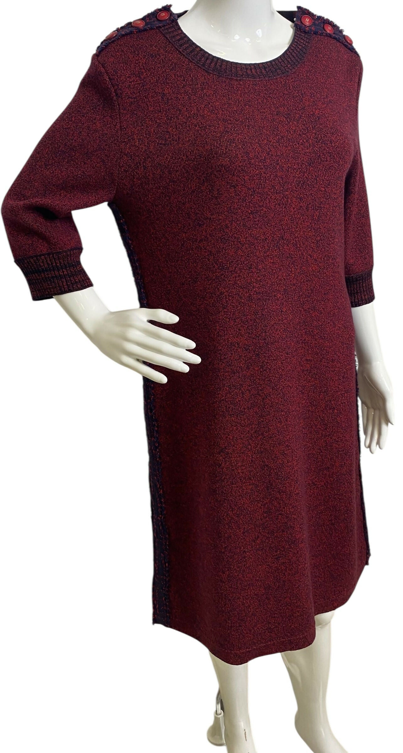 Chanel 2019 Burgundy Navy Wool Cashmere Tweed Trim CC Buttons Dress FR 40