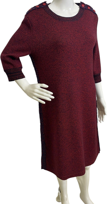 Chanel 2019 Burgundy Navy Wool Cashmere Tweed Trim CC Buttons Dress FR 40