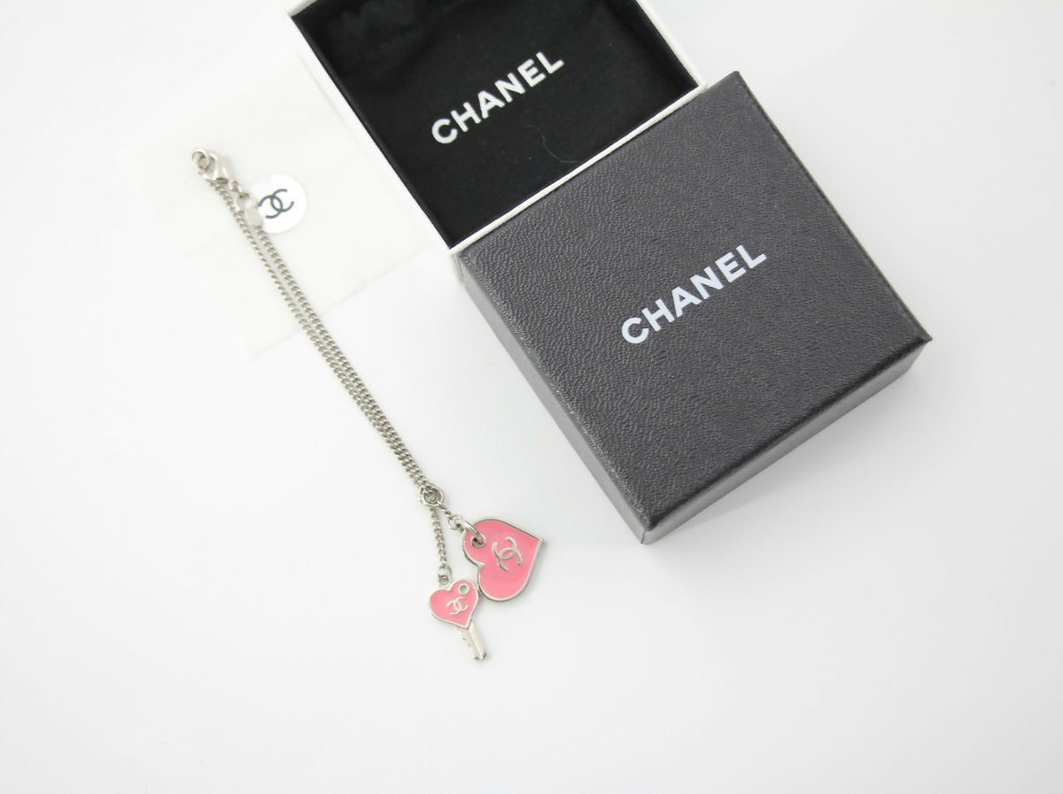 Chanel 07P Enamel Pink Heart Key Charm Silver Chain Bracelet