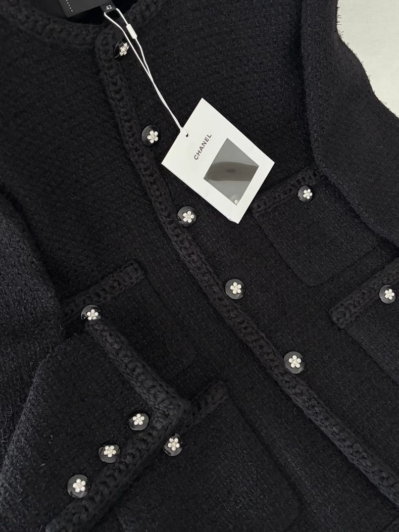 Chanel 23K Black Camellia Rhinestone Button Tweed Four-Pocket Jacket