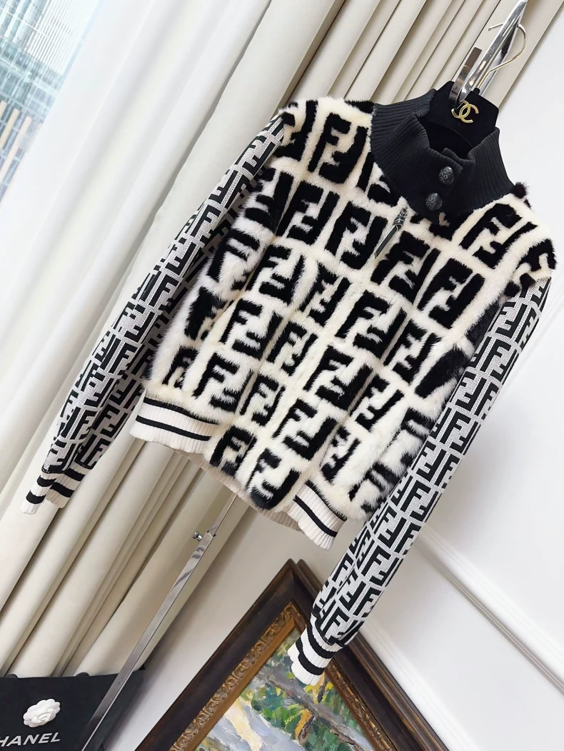 Fendi black and cream white double F monogram mink fur jacket