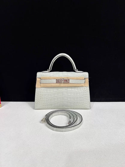 Hermes Mini Kelly 20 Gris matte Crocodile Leather palladium hardware