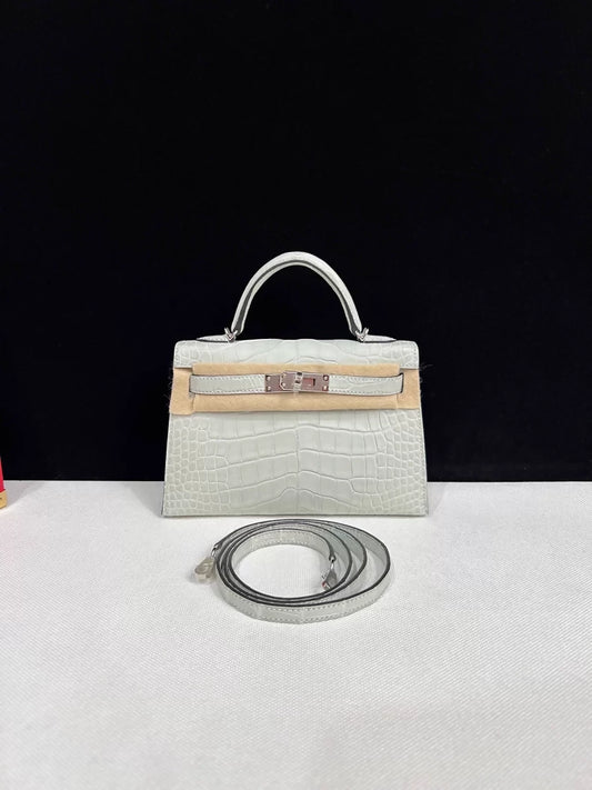 Hermes Mini Kelly 20 Gris matte Crocodile Leather palladium hardware
