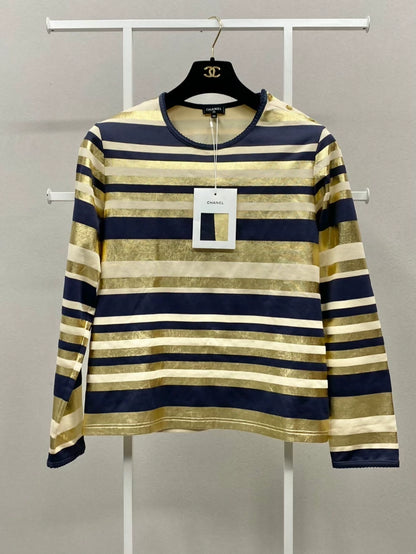 Chanel 18C Gold Striped Crew Neck Top